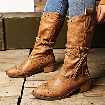 Women Western Boots Faux Leather Studded Strap Pointed Toe - Nalani - UK Fashion Clothing and Decor