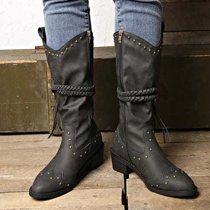 Women Western Boots Faux Leather Studded Strap Pointed Toe - Nalani - UK Fashion Clothing and Decor