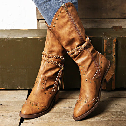 Women Western Boots Faux Leather Studded Strap Pointed Toe - Nalani - UK Fashion Clothing and Decor