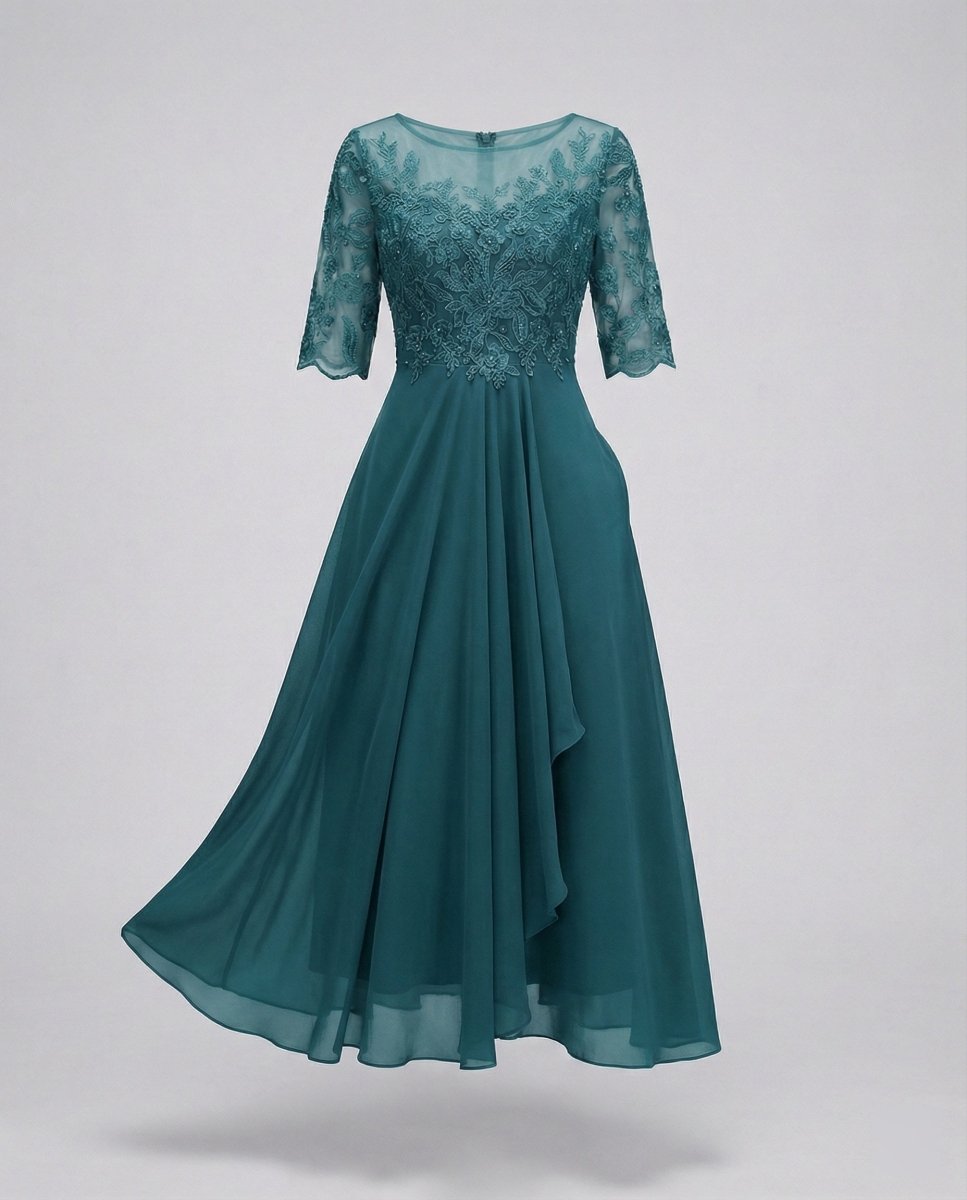 Women's 3/4 Sleeve Embroidered Midi Dress - Layered Skirt With Embroidered Bodice - Nalani - Fashion Clothing and Decor