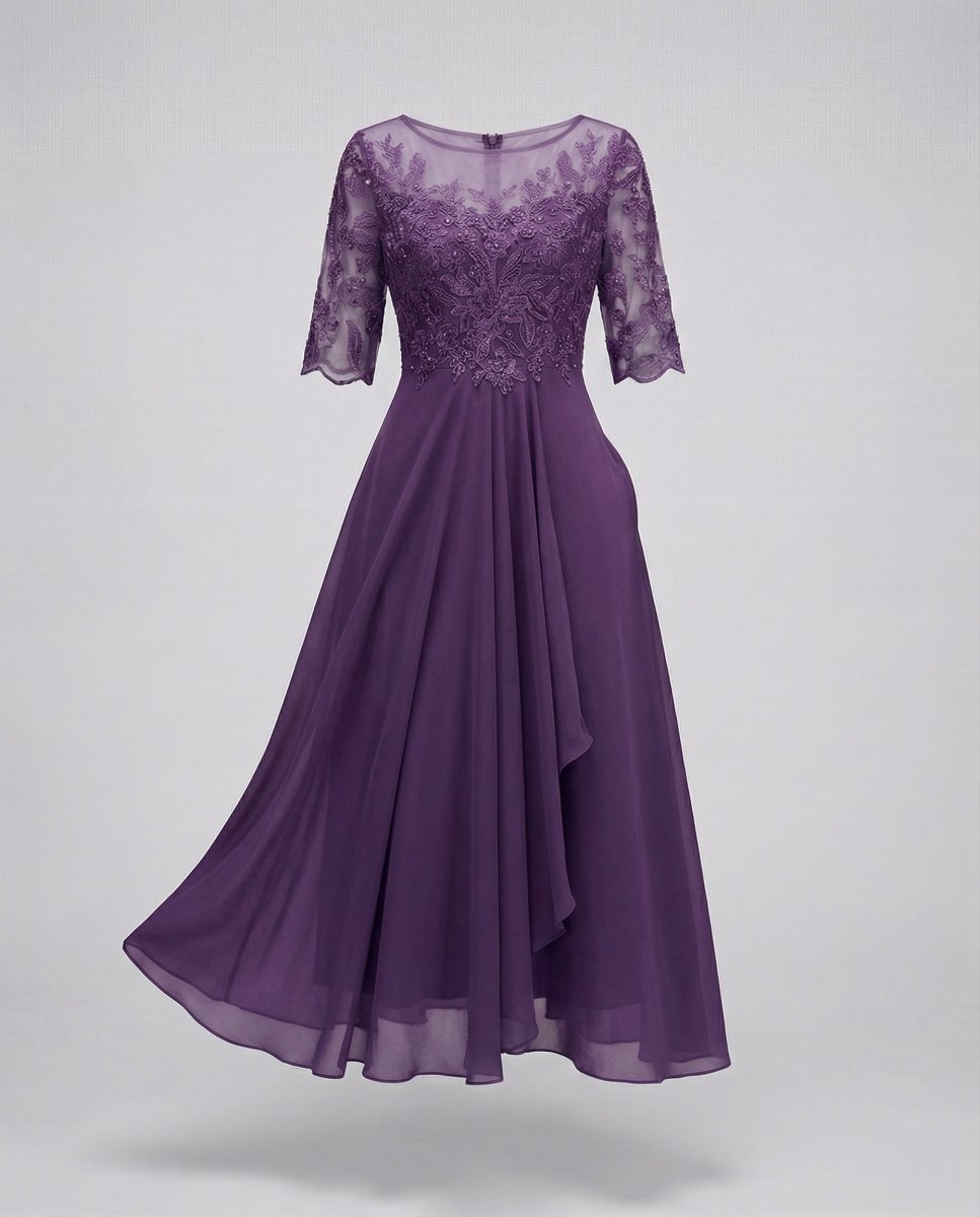 Women's 3/4 Sleeve Embroidered Midi Dress - Layered Skirt With Embroidered Bodice - Nalani - Fashion Clothing and Decor