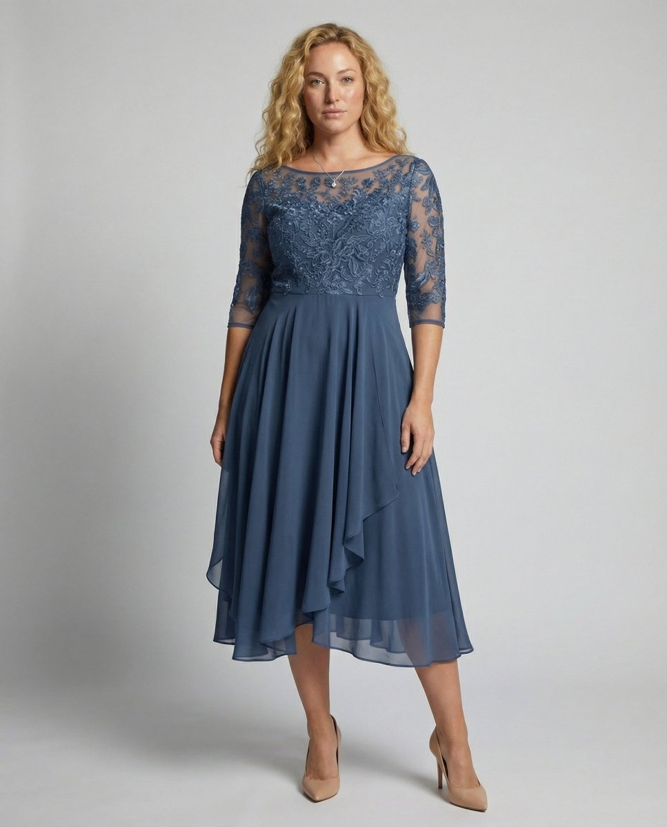 Women's 3/4 Sleeve Embroidered Midi Dress - Layered Skirt With Embroidered Bodice - Nalani - Fashion Clothing and Decor