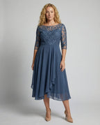 Women's 3/4 Sleeve Embroidered Midi Dress - Layered Skirt With Embroidered Bodice - Nalani - Fashion Clothing and Decor