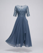 Women's 3/4 Sleeve Embroidered Midi Dress - Layered Skirt With Embroidered Bodice - Nalani - Fashion Clothing and Decor