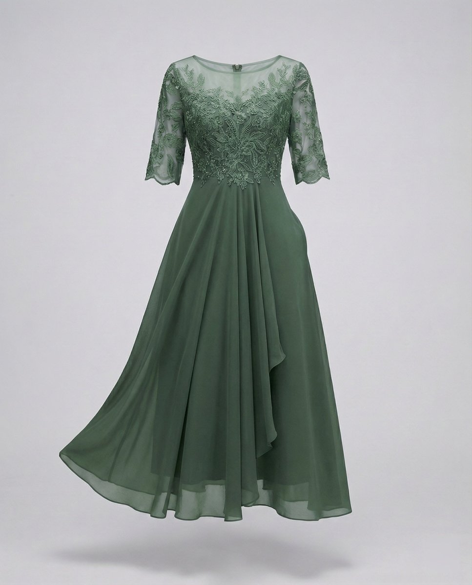 Women's 3/4 Sleeve Embroidered Midi Dress - Layered Skirt With Embroidered Bodice - Nalani - Fashion Clothing and Decor