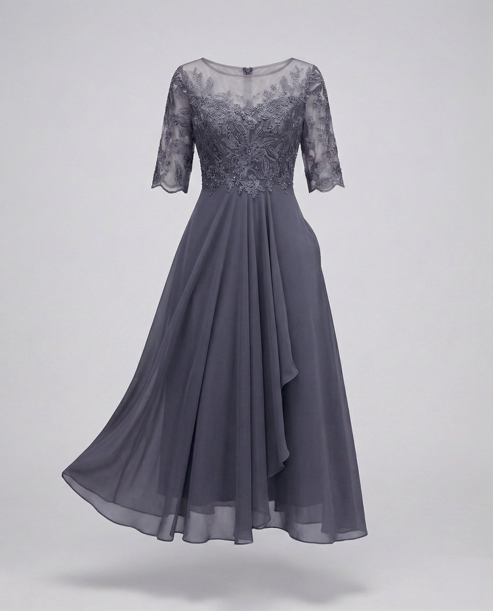 Women's 3/4 Sleeve Embroidered Midi Dress - Layered Skirt With Embroidered Bodice - Nalani - Fashion Clothing and Decor