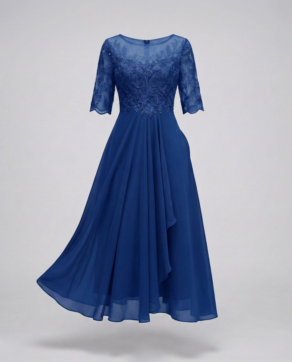 Women's 3/4 Sleeve Embroidered Midi Dress - Layered Skirt With Embroidered Bodice - Nalani - Fashion Clothing and Decor