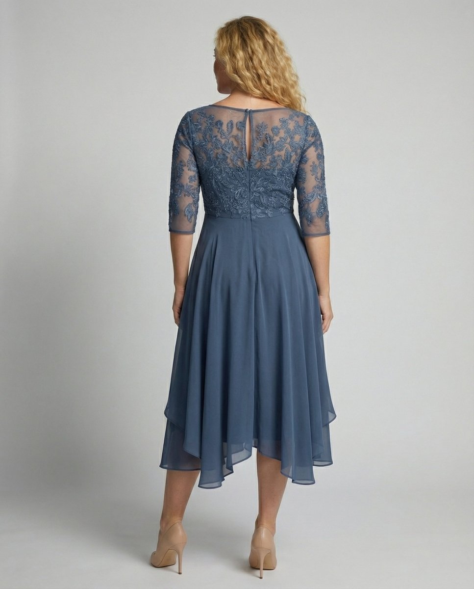 Women's 3/4 Sleeve Embroidered Midi Dress - Layered Skirt With Embroidered Bodice - Nalani - Fashion Clothing and Decor