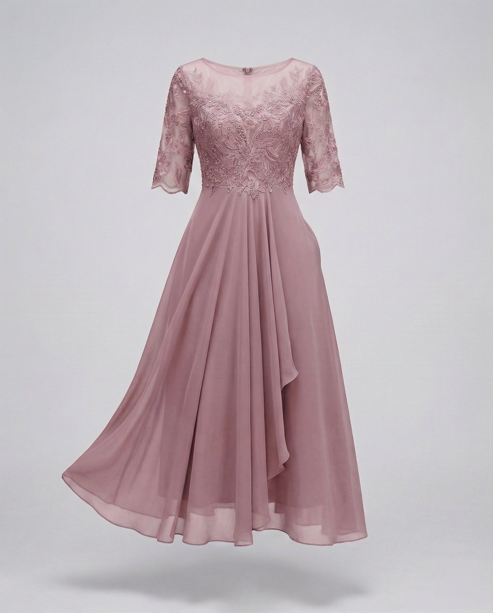 Women's 3/4 Sleeve Embroidered Midi Dress - Layered Skirt With Embroidered Bodice - Nalani - Fashion Clothing and Decor