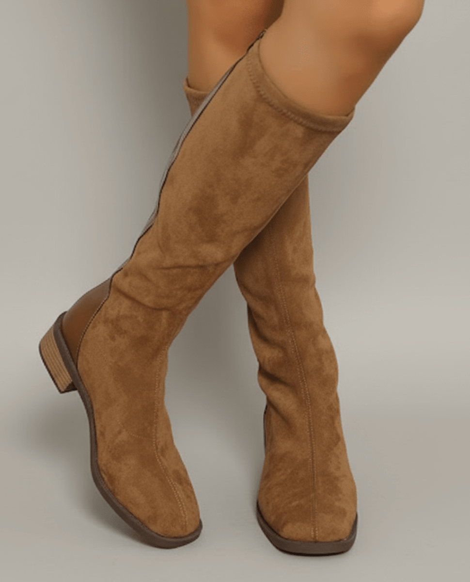 Women’s Camel Knee-High Boots – Classic Suede Look with Block Heel - Nalani - Fashion Clothing and Decor