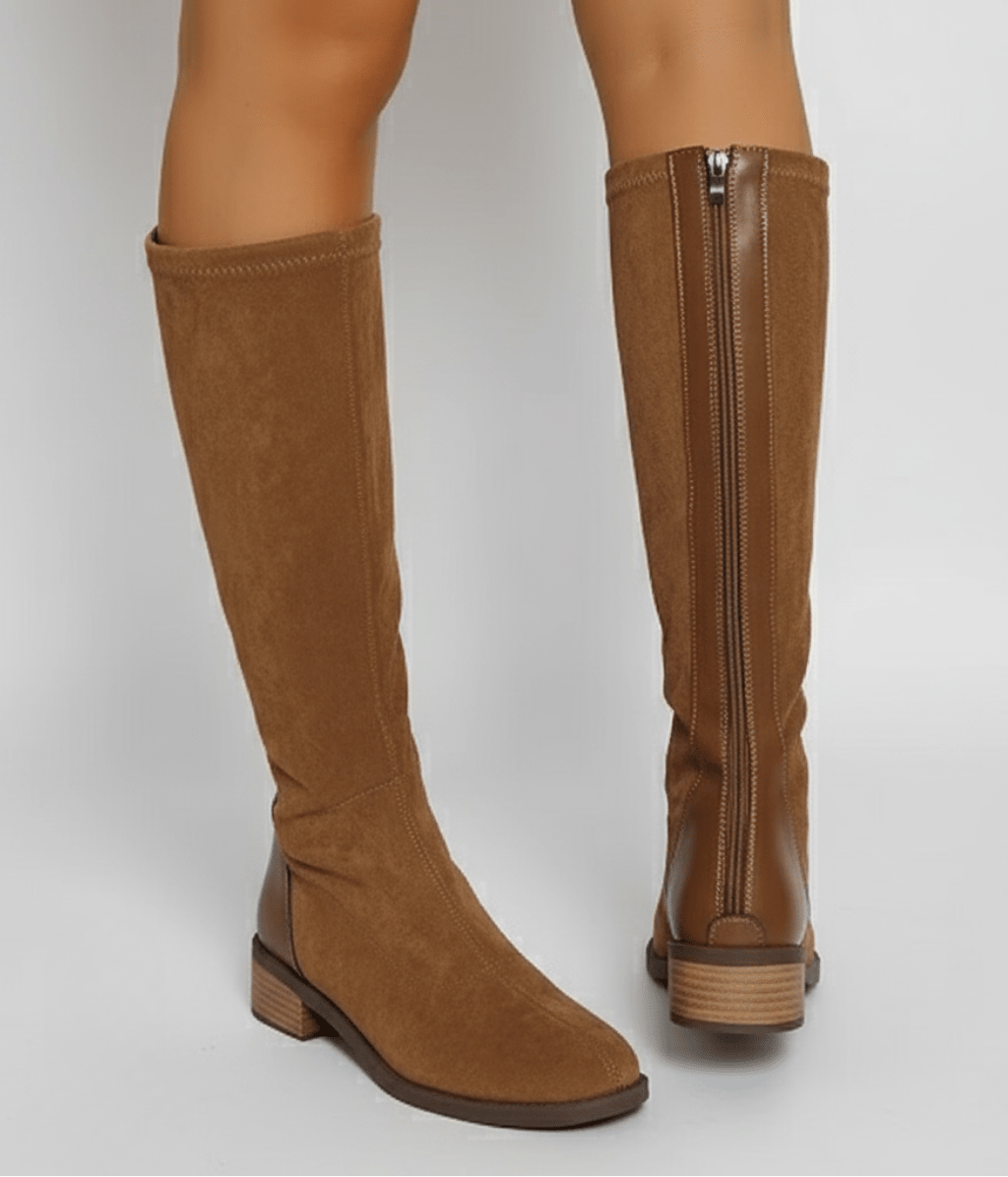 Women’s Camel Knee-High Boots – Classic Suede Look with Block Heel - Nalani - Fashion Clothing and Decor