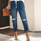 Women's Denim Jogger Trousers - Relaxed Fit - Elastic Waist - Distressed Casual Style - Nalani - UK Fashion Clothing and Decor