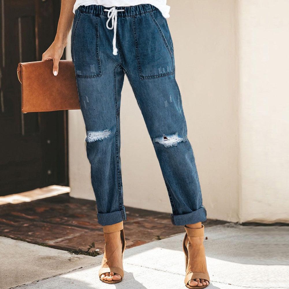 Women's Denim Jogger Trousers - Relaxed Fit - Elastic Waist - Distressed Casual Style - Nalani - UK Fashion Clothing and Decor