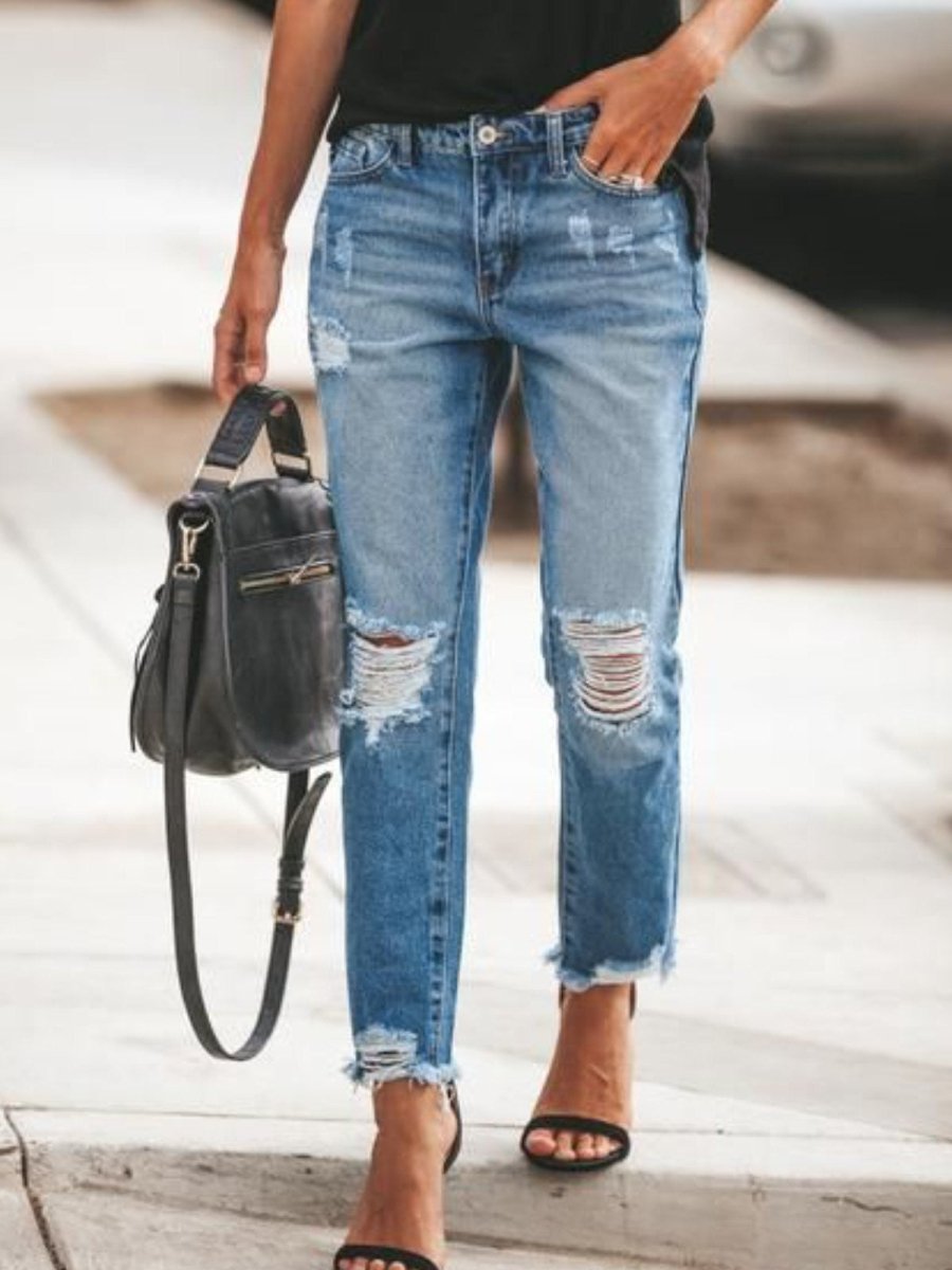 Women’s Denim Pants – Relaxed Fit – Distressed – Straight Leg – Ankle Length – Street Style - Nalani - UK Fashion Clothing and Decor