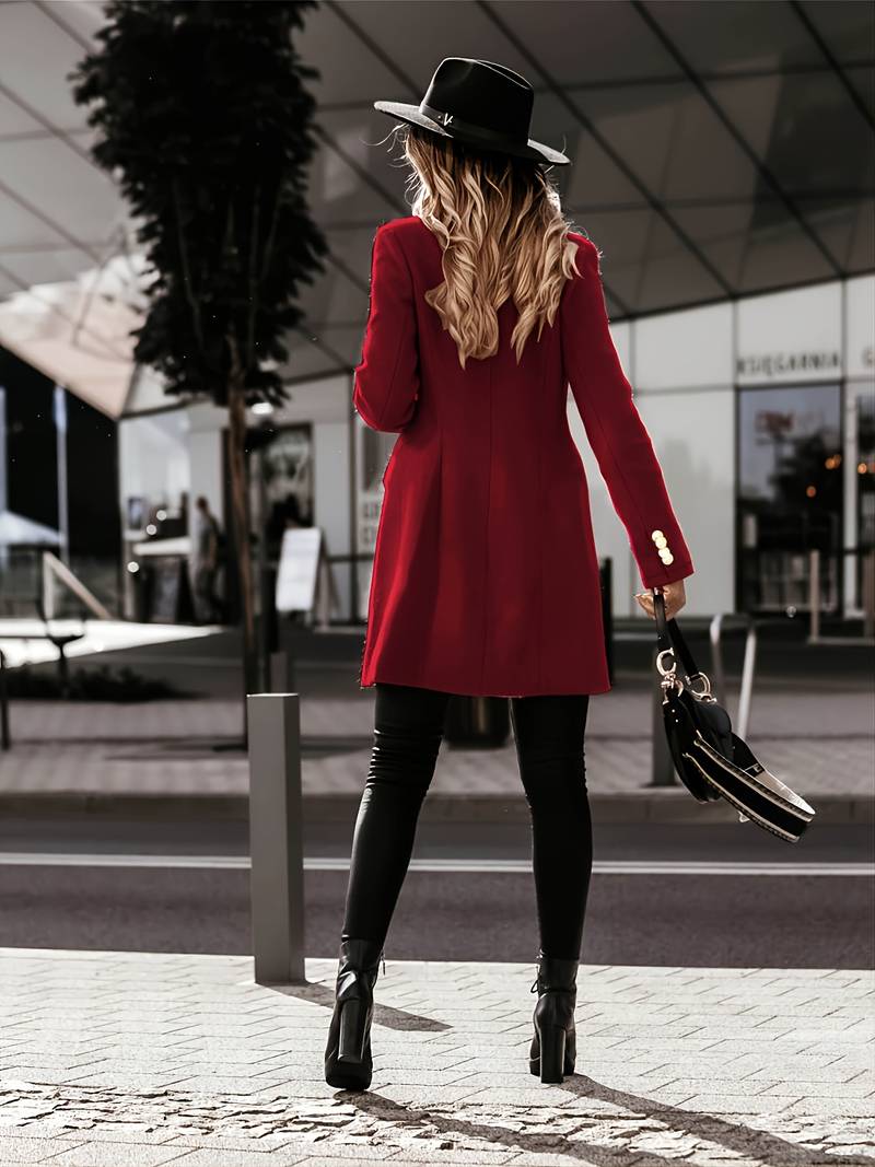 Women's Double - Breasted Wool Coat - Tailored Fit - Gold Button Detail - Mid - Thigh Length - Nalani - UK Fashion Clothing and Decor