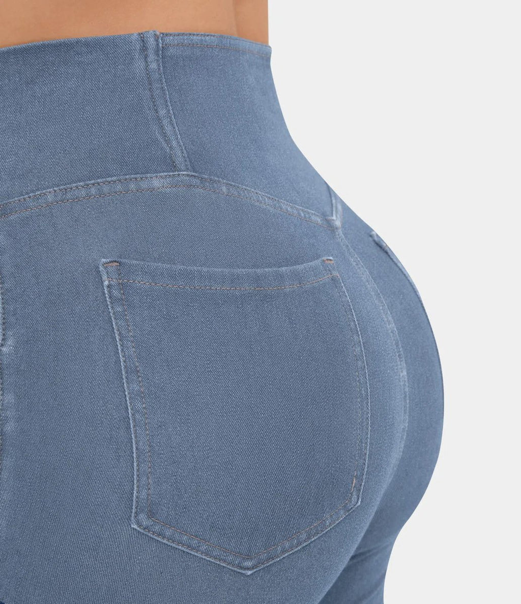 Women's elasticated Wide leg flared jeans with high waist - Nalani - UK Fashion Clothing and Decor