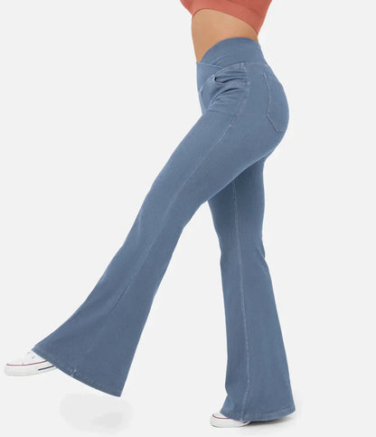 Women's elasticated Wide leg flared jeans with high waist - Nalani - UK Fashion Clothing and Decor