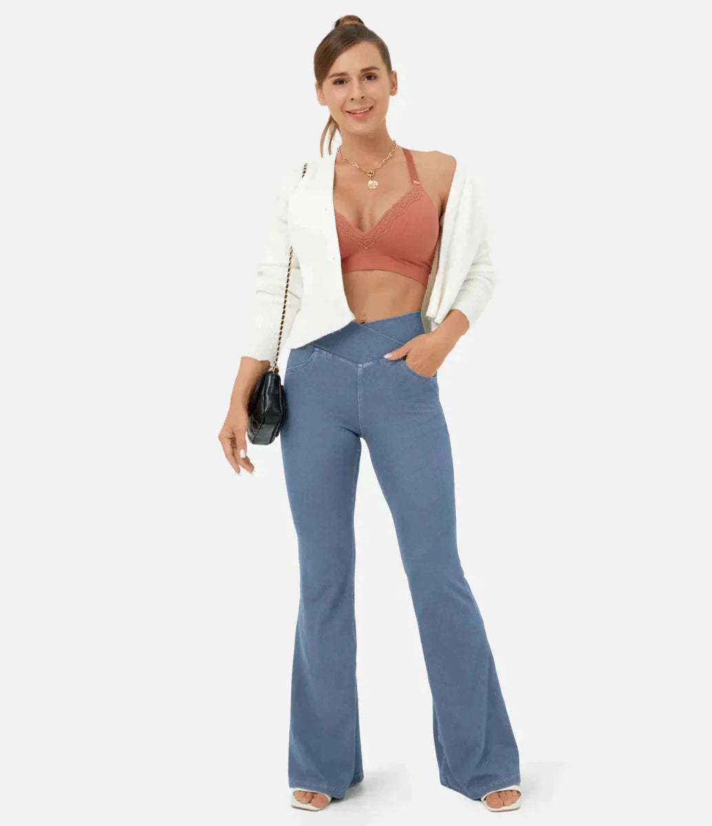 Women's elasticated Wide leg flared jeans with high waist - Nalani - UK Fashion Clothing and Decor