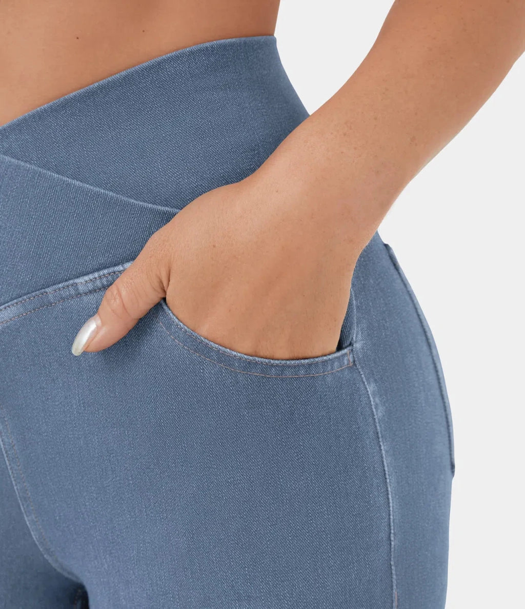 Women's elasticated Wide leg flared jeans with high waist - Nalani - UK Fashion Clothing and Decor