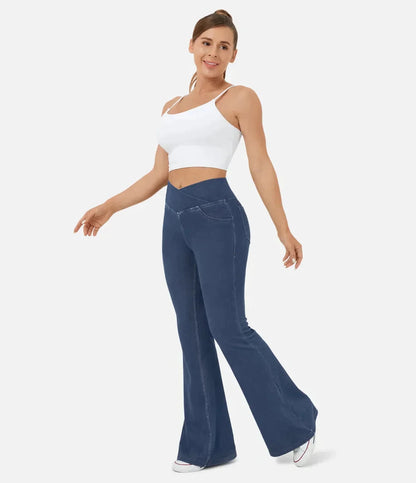 Women's elasticated Wide leg flared jeans with high waist - Nalani - UK Fashion Clothing and Decor