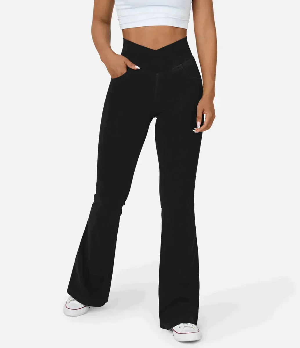Women's elasticated Wide leg flared jeans with high waist - Nalani - UK Fashion Clothing and Decor
