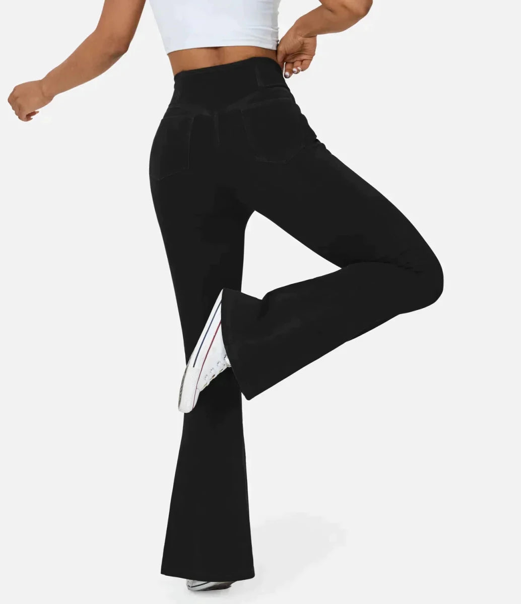 Women's elasticated Wide leg flared jeans with high waist - Nalani - UK Fashion Clothing and Decor