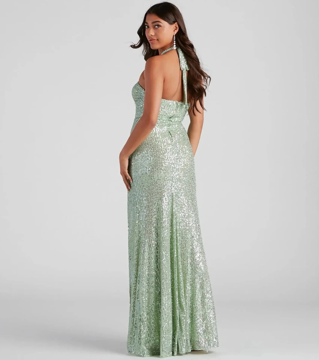 Women's Evening Prom Dress - Sequin Halter Neck - Cut - Out Bodice - High Slit Floor - Length - Nalani - UK Fashion Clothing and Decor
