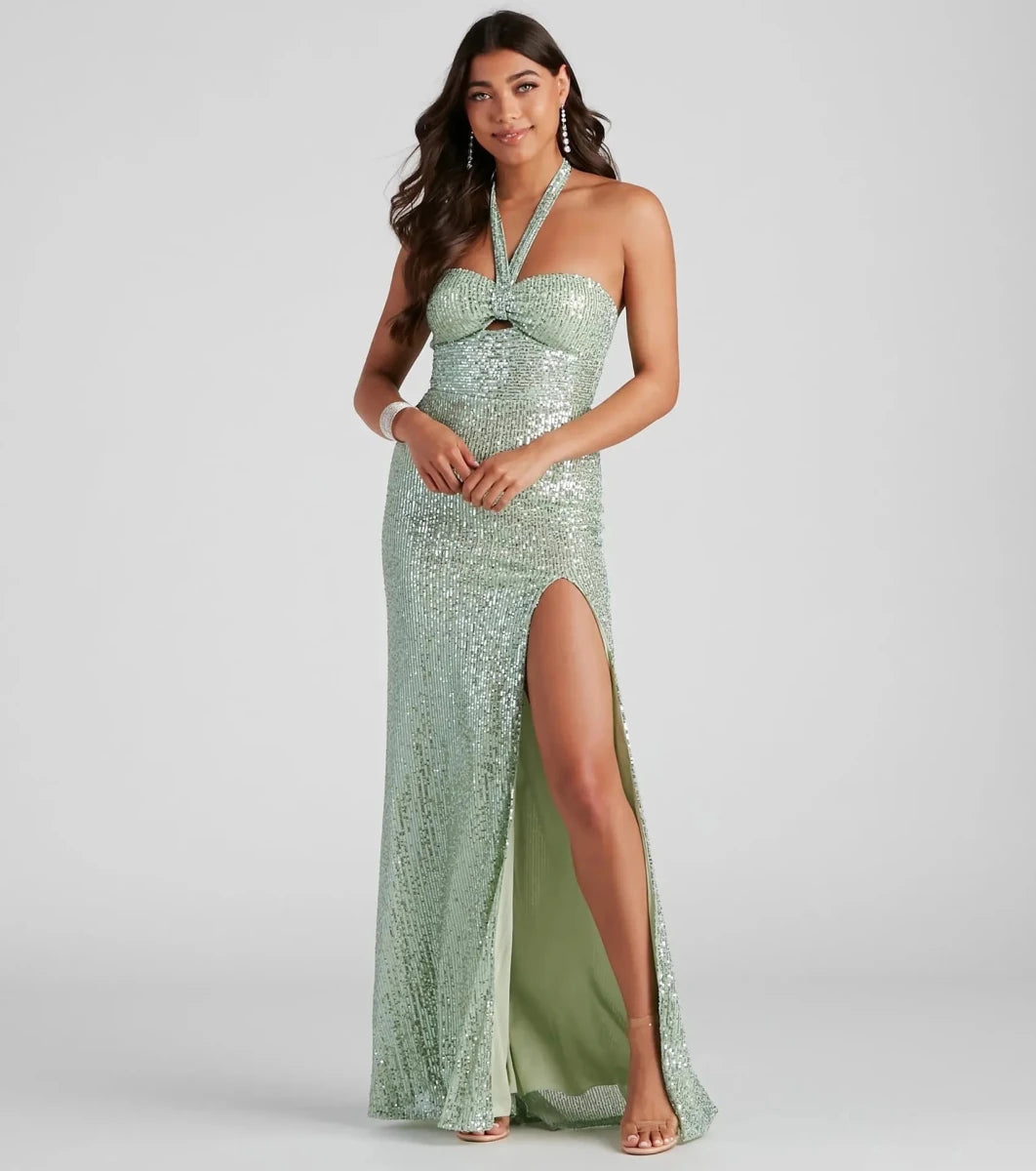 Women's Evening Prom Dress - Sequin Halter Neck - Cut - Out Bodice - High Slit Floor - Length - Nalani - UK Fashion Clothing and Decor