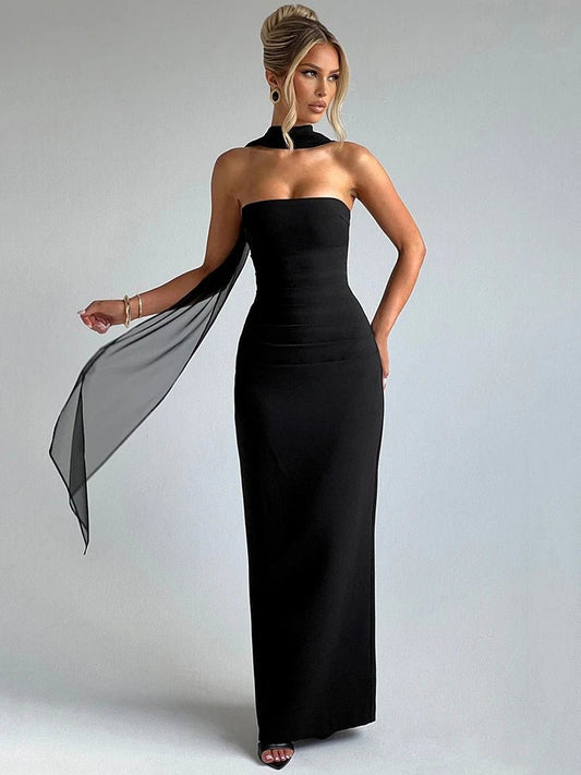 Women's Evening Prom Dress - Strapless Floor - Length - Column Silhouette - Halter Scarf Detail - Nalani - UK Fashion Clothing and Decor