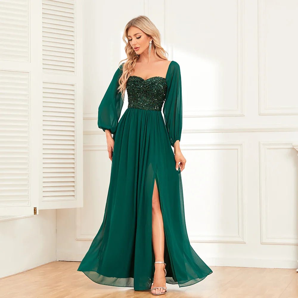 Women’s Evening Prom Gown - Off Shoulder - Sequin Bodice - Long Sleeve - High Slit Elegant Dress - Nalani - UK Fashion Clothing and Decor