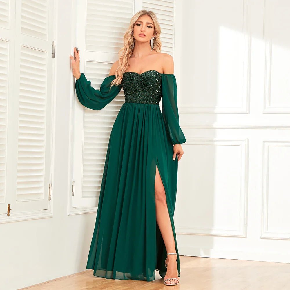 Women’s Evening Prom Gown - Off Shoulder - Sequin Bodice - Long Sleeve - High Slit Elegant Dress - Nalani - UK Fashion Clothing and Decor