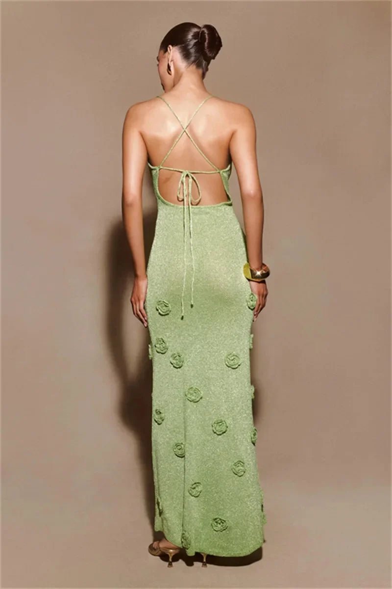 Women's Evening Prom Gown - Sleeveless Spaghetti Straps - V - Neck Floral Embellished Elegant Wear - Nalani - UK Fashion Clothing and Decor
