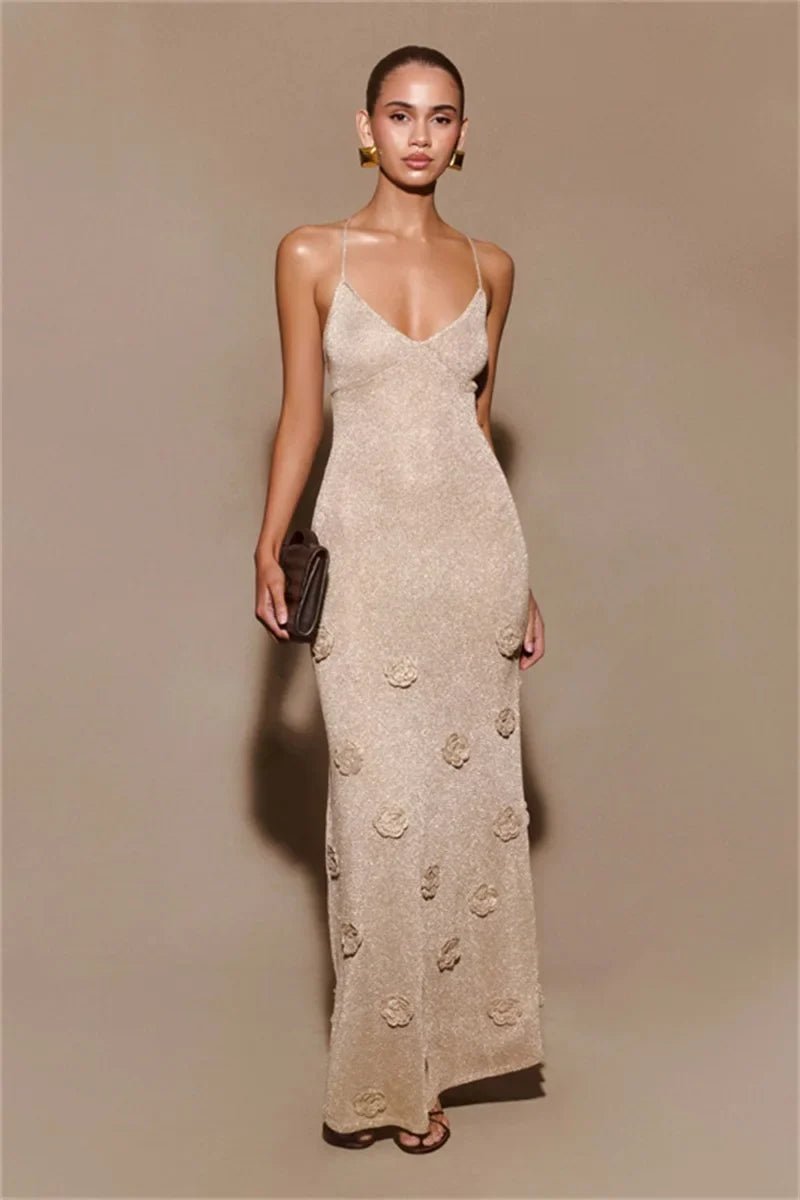 Women's Evening Prom Gown - Sleeveless Spaghetti Straps - V - Neck Floral Embellished Elegant Wear - Nalani - UK Fashion Clothing and Decor