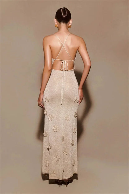 Women's Evening Prom Gown - Sleeveless Spaghetti Straps - V - Neck Floral Embellished Elegant Wear - Nalani - UK Fashion Clothing and Decor