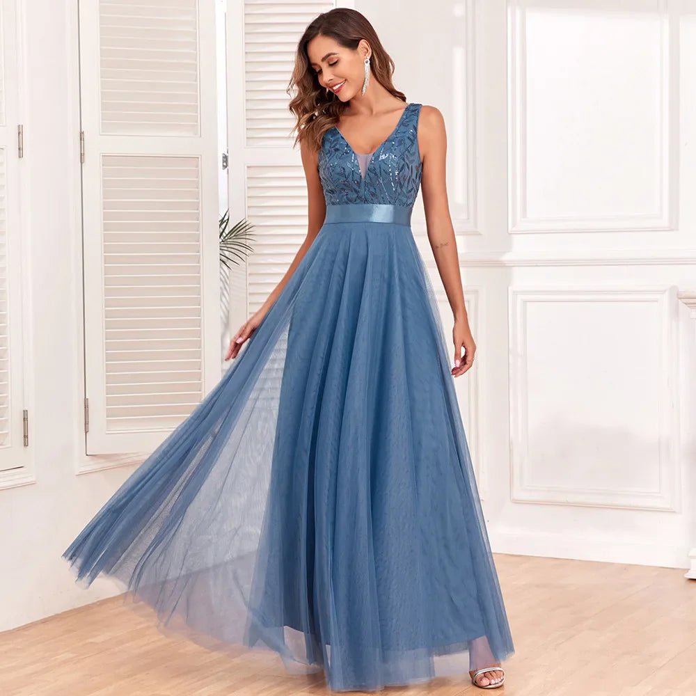 Women's Evening Prom Gown - Sleeveless V - Neck - Embroidered Bodice - Flowing Floor - Length Skirt - Nalani - UK Fashion Clothing and Decor