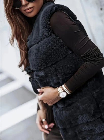 Women's Faux Fur Vest - Long Sleeveless - Open Front Lightweight Layer - Nalani - UK Fashion Clothing and Decor