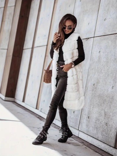 Women's Faux Fur Vest - Long Sleeveless - Open Front Lightweight Layer - Nalani - UK Fashion Clothing and Decor