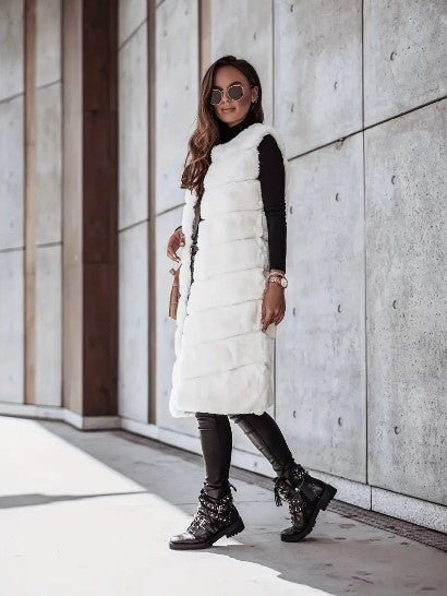 Women's Faux Fur Vest - Long Sleeveless - Open Front Lightweight Layer - Nalani - UK Fashion Clothing and Decor
