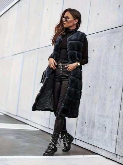 Women's Faux Fur Vest - Long Sleeveless - Open Front Lightweight Layer - Nalani - UK Fashion Clothing and Decor
