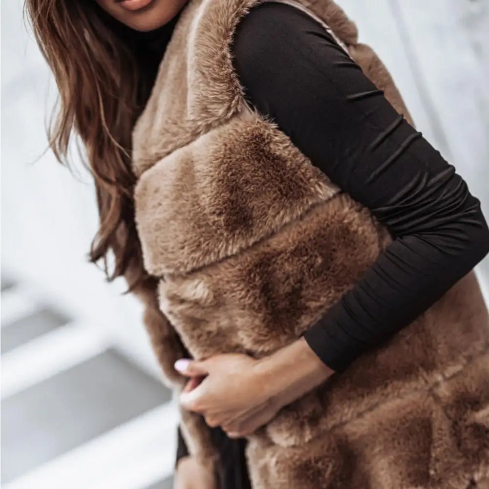 Women's Faux Fur Vest - Long Sleeveless - Open Front Lightweight Layer - Nalani - UK Fashion Clothing and Decor
