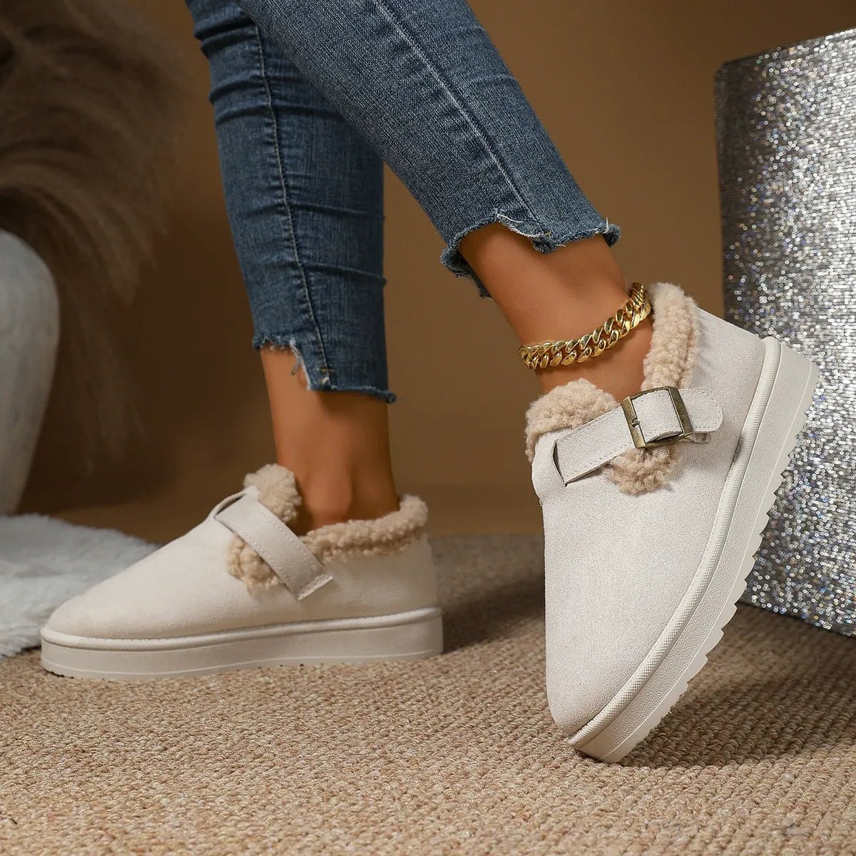 Women's Faux Suede Snow Boots With Faux Fur Lining And Buckle - Nalani - UK Fashion Clothing and Decor