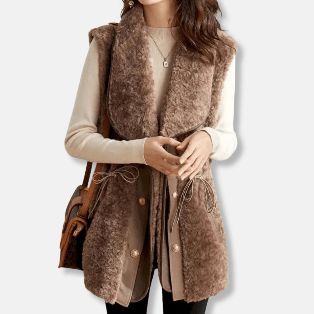 Womens Faux Wool Vest With Shawl Collar Relaxed Fit Hip Length - Nalani - UK Fashion Clothing and Decor