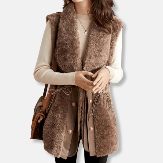 Womens Faux Wool Vest With Shawl Collar Relaxed Fit Hip Length - Nalani - UK Fashion Clothing and Decor