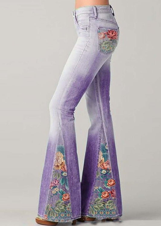 Women’s Flare Jeans – High Waist – Embroidered Patchwork – Retro Boho Style – Full Length - Nalani - UK Fashion Clothing and Decor