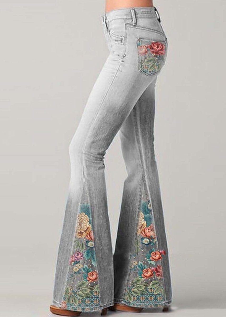 Women’s Flare Jeans – High Waist – Embroidered Patchwork – Retro Boho Style – Full Length - Nalani - UK Fashion Clothing and Decor