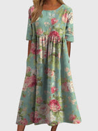 Women's Floral Linen Midi Dress - Empire Waist and Side Pockets - Nalani - Fashion Clothing and Decor