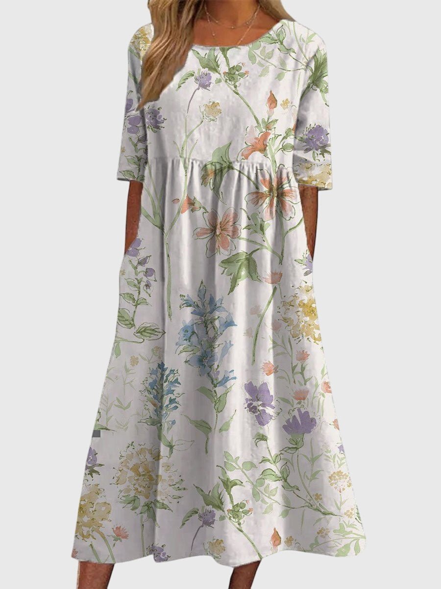 Women's Floral Linen Midi Dress - Empire Waist and Side Pockets - Nalani - Fashion Clothing and Decor