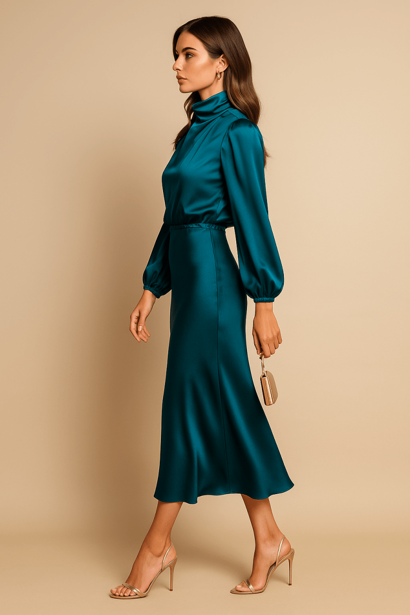 Women’s High Neck Midi Dress – Elegant High Waist Silhouette - Nalani - Fashion Clothing and Decor