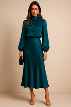 Women’s High Neck Midi Dress – Elegant High Waist Silhouette - Nalani - Fashion Clothing and Decor