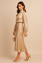 Women’s High Neck Midi Dress – Elegant High Waist Silhouette - Nalani - Fashion Clothing and Decor
